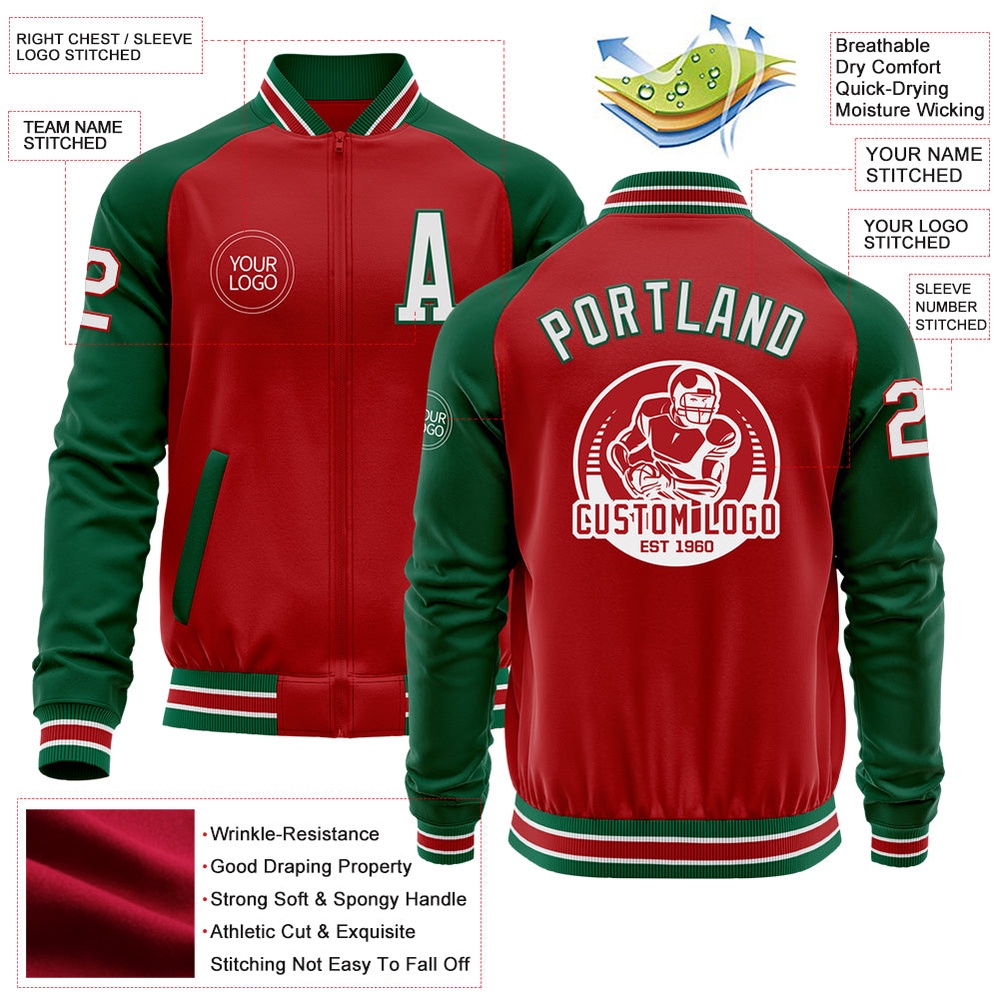 Custom Red White Kelly Green Bomber Varsity Baseball Jacket, Custom Team Jacket