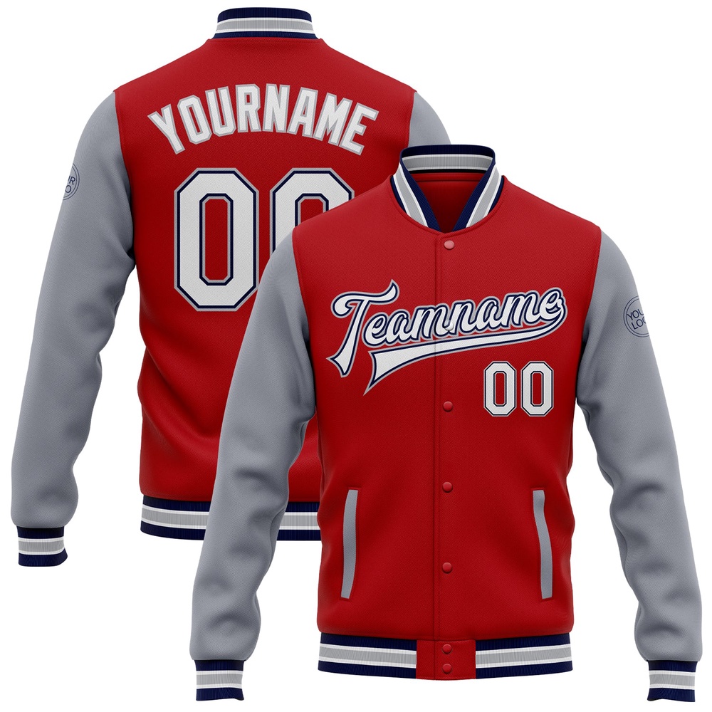 Custom Red White Navy Gray Bomber Full Snap Varsity Baseball Jacket, Custom Team Jacket