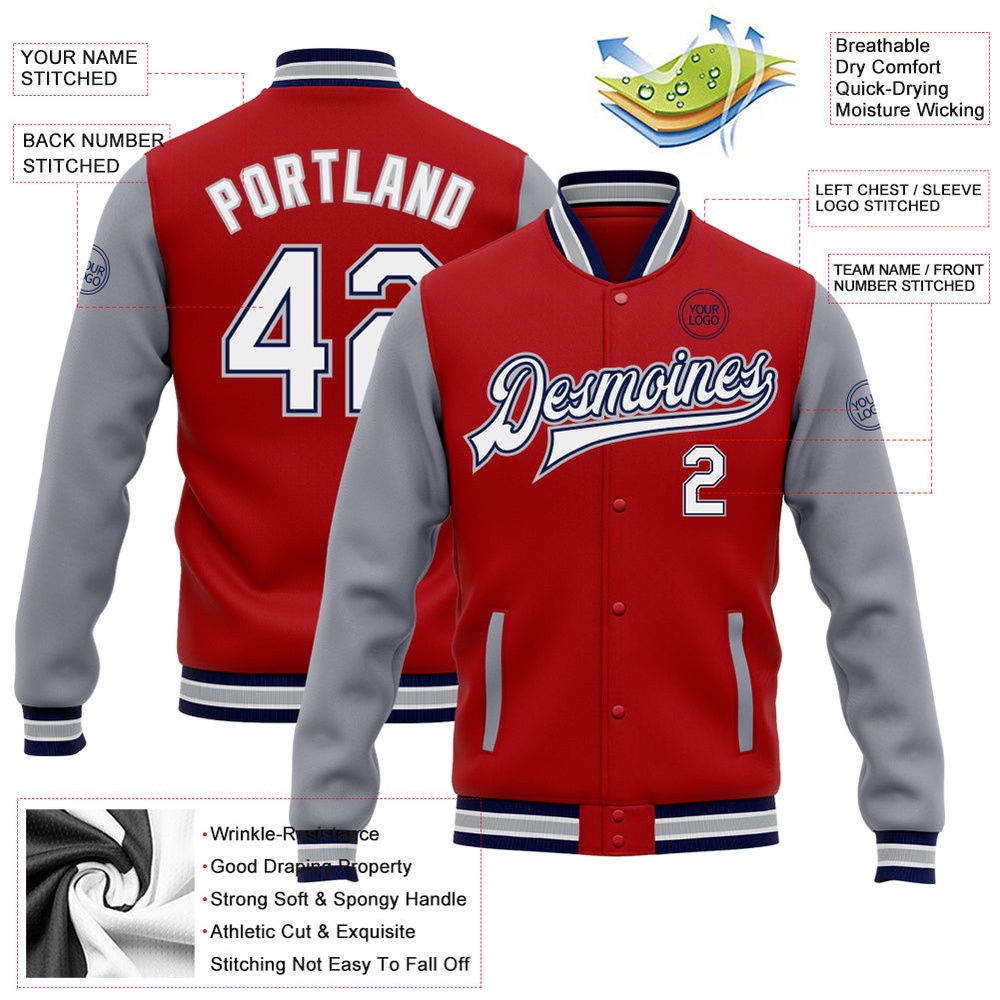 Custom Red White Navy Gray Bomber Full Snap Varsity Baseball Jacket, Custom Team Jacket