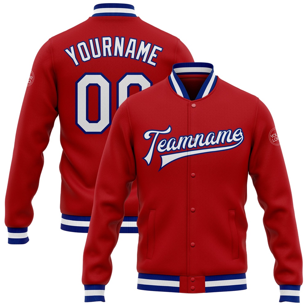 Custom Red White Royal Bomber Full Snap Varsity Letterman Jacket, Custom Team Jacket Custom Red White Royal Bomber Full Snap Varsity Letterman Jacket, Custom Team Jacket