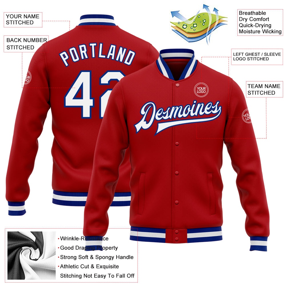 Custom Red White Royal Bomber Full Snap Varsity Letterman Jacket, Custom Team Jacket Custom Red White Royal Bomber Full Snap Varsity Letterman Jacket, Custom Team Jacket