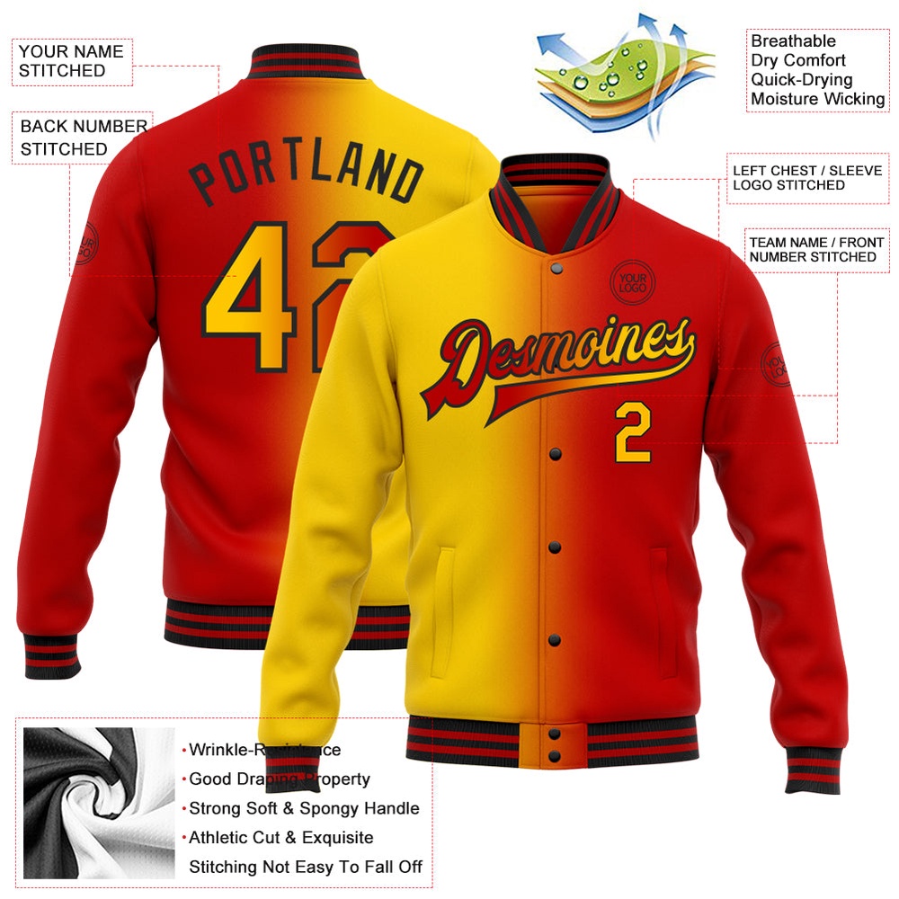 Custom Red Yellow Black Bomber Full Snap Varsity Letterman Gradient Fashion Jacket, Custom Team Jacket Custom Red Yellow Black Bomber Full Snap Varsity Letterman Gradient Fashion Jacket, Custom Team Jacket