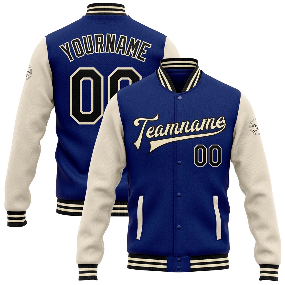 Custom Royal Black Cream Bomber Full Snap Varsity Baseball Jacket, Custom Team Jacket