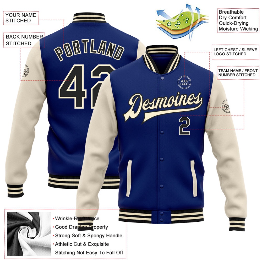Custom Royal Black Cream Bomber Full Snap Varsity Baseball Jacket, Custom Team Jacket