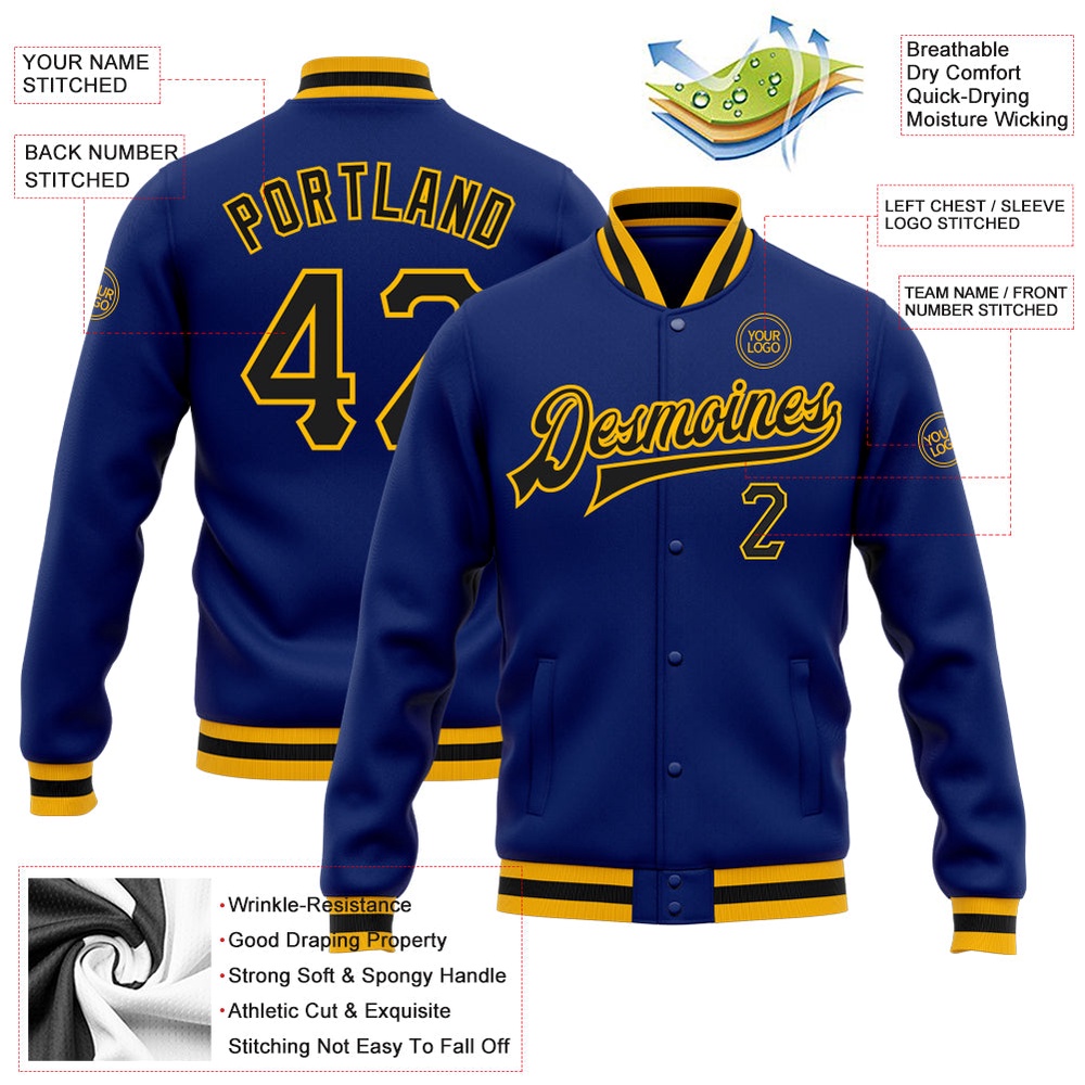Custom Royal Black Gold Bomber Full Snap Baseball Jacket, Custom Team Jacket Custom Royal Black Gold Bomber Full Snap Baseball Jacket, Custom Team Jacket