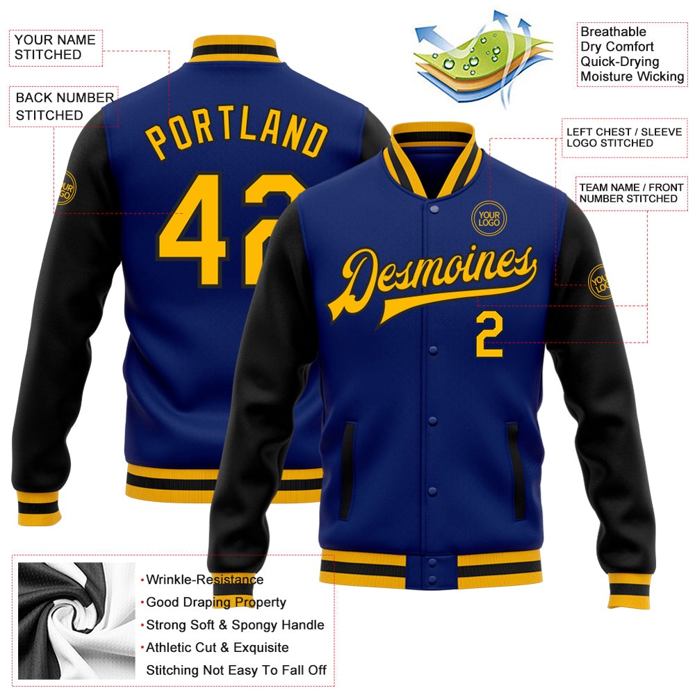 Custom Royal Gold Black Bomber Full Snap Varsity Baseball Jacket, Custom Team Jacket Custom Royal Gold Black Bomber Full Snap Varsity Baseball Jacket, Custom Team Jacket