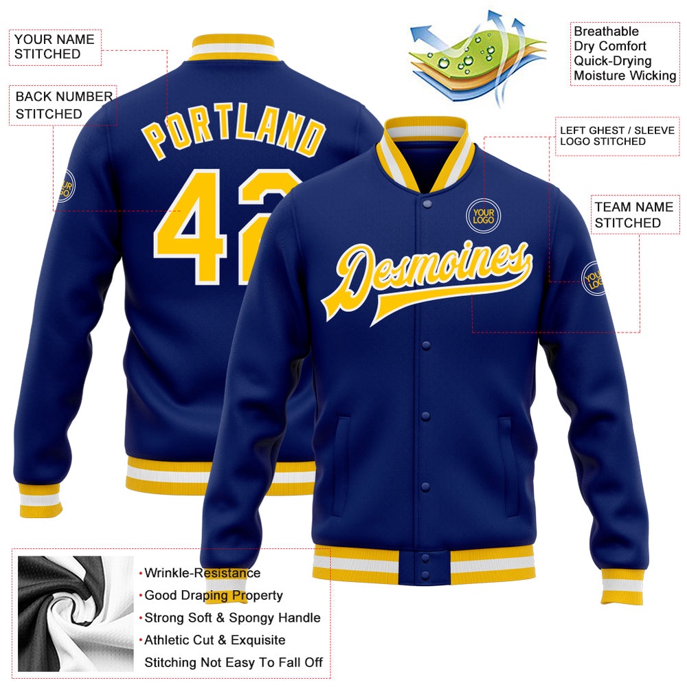 Custom Royal Gold White Bomber Full Snap Baseball Jacket, Custom Team Jacket
