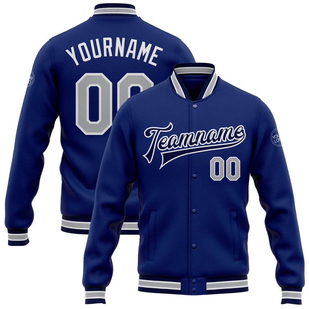 Custom Royal Gray Navy Bomber Full Snap Baseball Jacket, Custom Team Jacket Custom Royal Gray Navy Bomber Full Snap Baseball Jacket, Custom Team Jacket