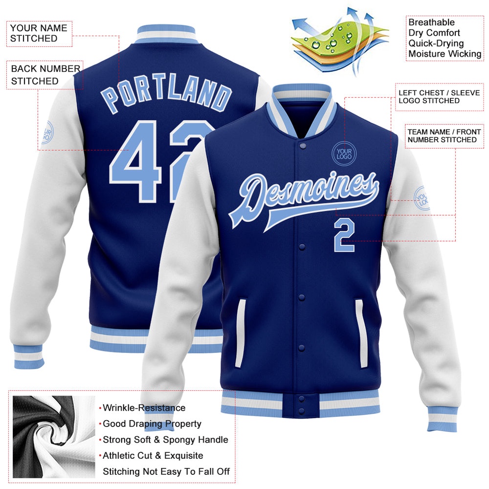 Custom Royal Light Blue White Bomber Full Snap Varsity Baseball Jacket, Custom Team Jacket Custom Royal Light Blue White Bomber Full Snap Varsity Baseball Jacket, Custom Team Jacket