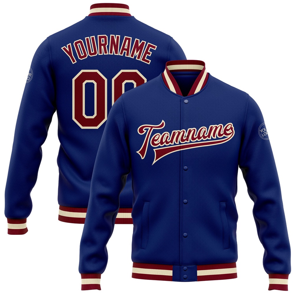 Custom Royal Maroon Cream Bomber Full Snap Baseball Jacket, Custom Team Jacket Custom Royal Maroon Cream Bomber Full Snap Baseball Jacket, Custom Team Jacket