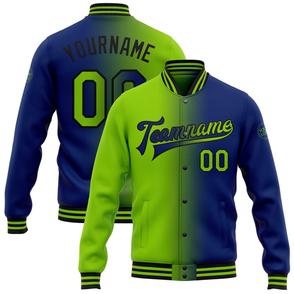 Custom Royal Neon Green Black Bomber Full Snap Varsity Letterman Gradient Fashion Jacket, Custom Team Jacket Custom Royal Neon Green Black Bomber Full Snap Varsity Letterman Gradient Fashion Jacket, Custom Team Jacket