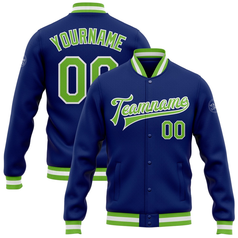 Custom Royal Neon Green White Bomber Full Snap Baseball Jacket, Custom Team Jacket Custom Royal Neon Green White Bomber Full Snap Baseball Jacket, Custom Team Jacket
