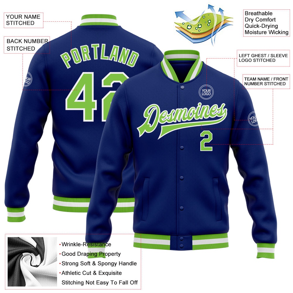 Custom Royal Neon Green White Bomber Full Snap Baseball Jacket, Custom Team Jacket Custom Royal Neon Green White Bomber Full Snap Baseball Jacket, Custom Team Jacket