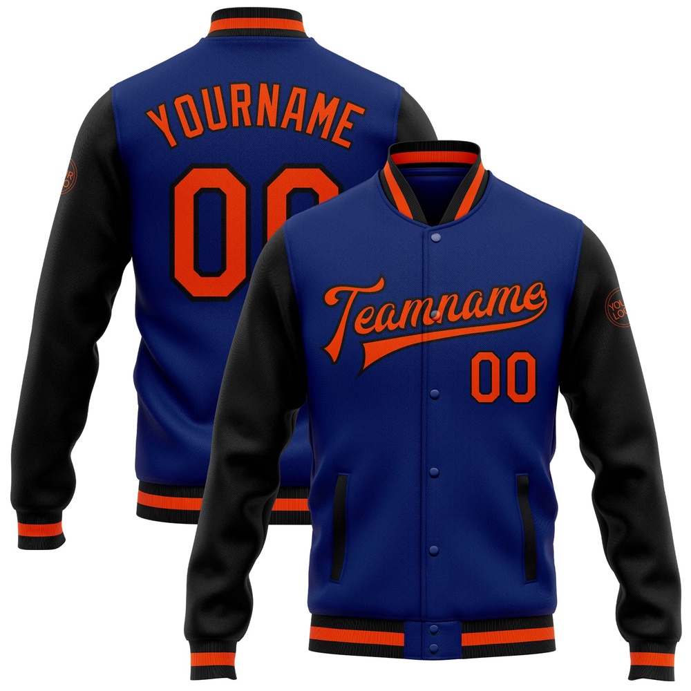 Custom Royal Orange Black Bomber Full Snap Varsity Baseball Jacket, Custom Team Jacket