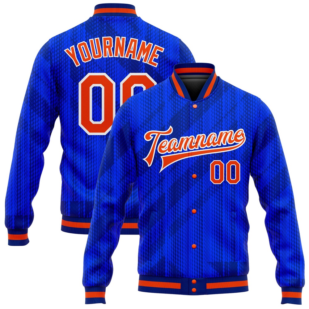 Custom Royal Orange Navy 3D Pattern Design Bomber Full Snap Baseball Jacket, Custom Team Jacket