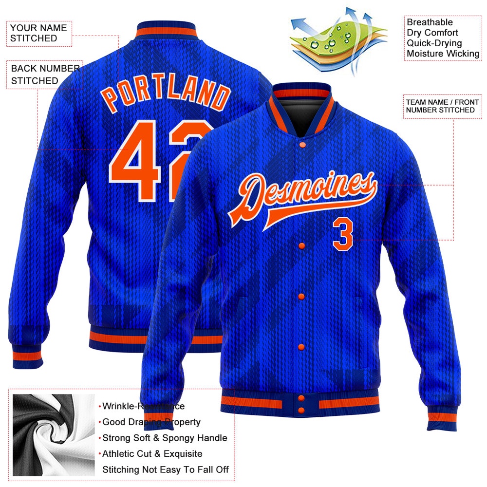 Custom Royal Orange Navy 3D Pattern Design Bomber Full Snap Baseball Jacket, Custom Team Jacket
