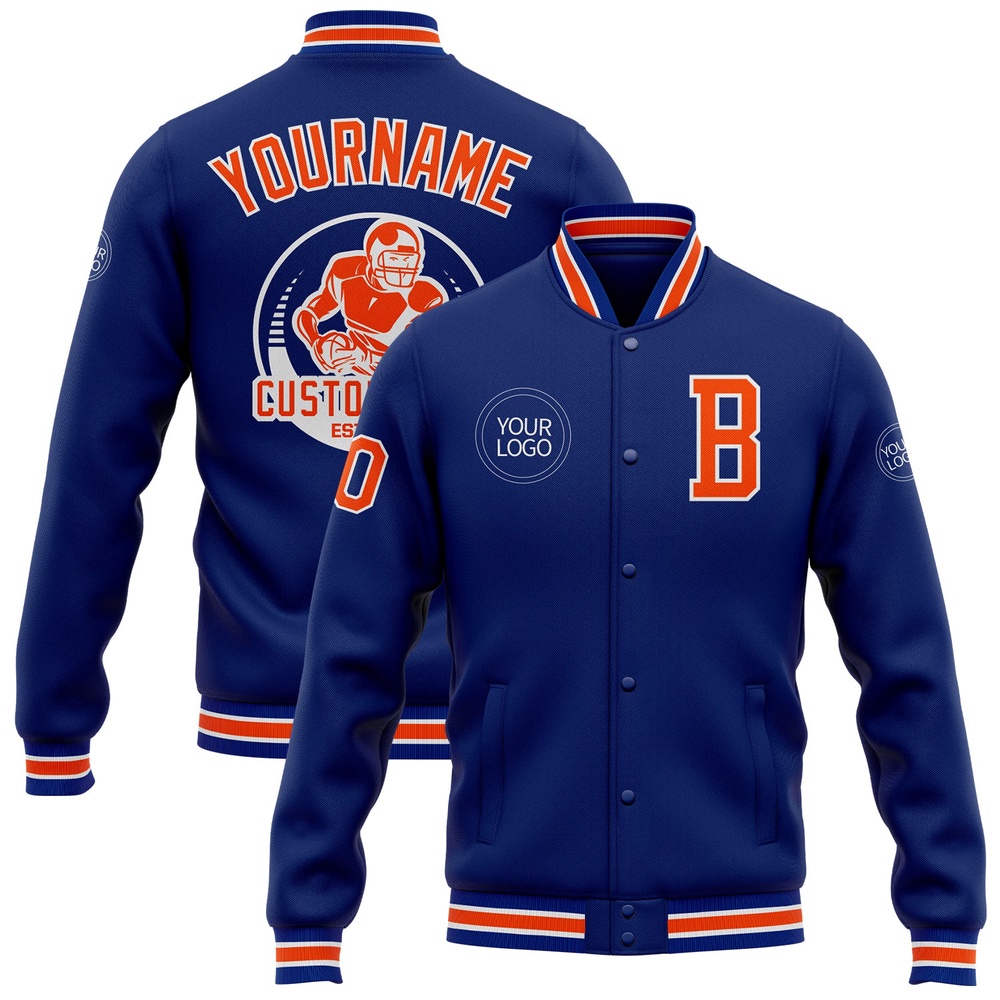 Custom Royal Orange White Bomber Full Snap Baseball Jacket, Custom Team Jacket