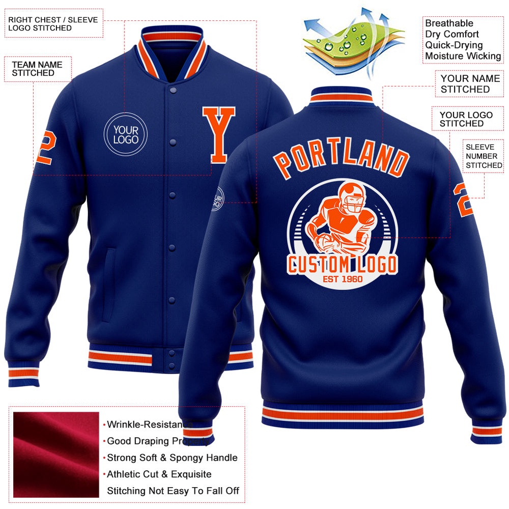 Custom Royal Orange White Bomber Full Snap Baseball Jacket, Custom Team Jacket