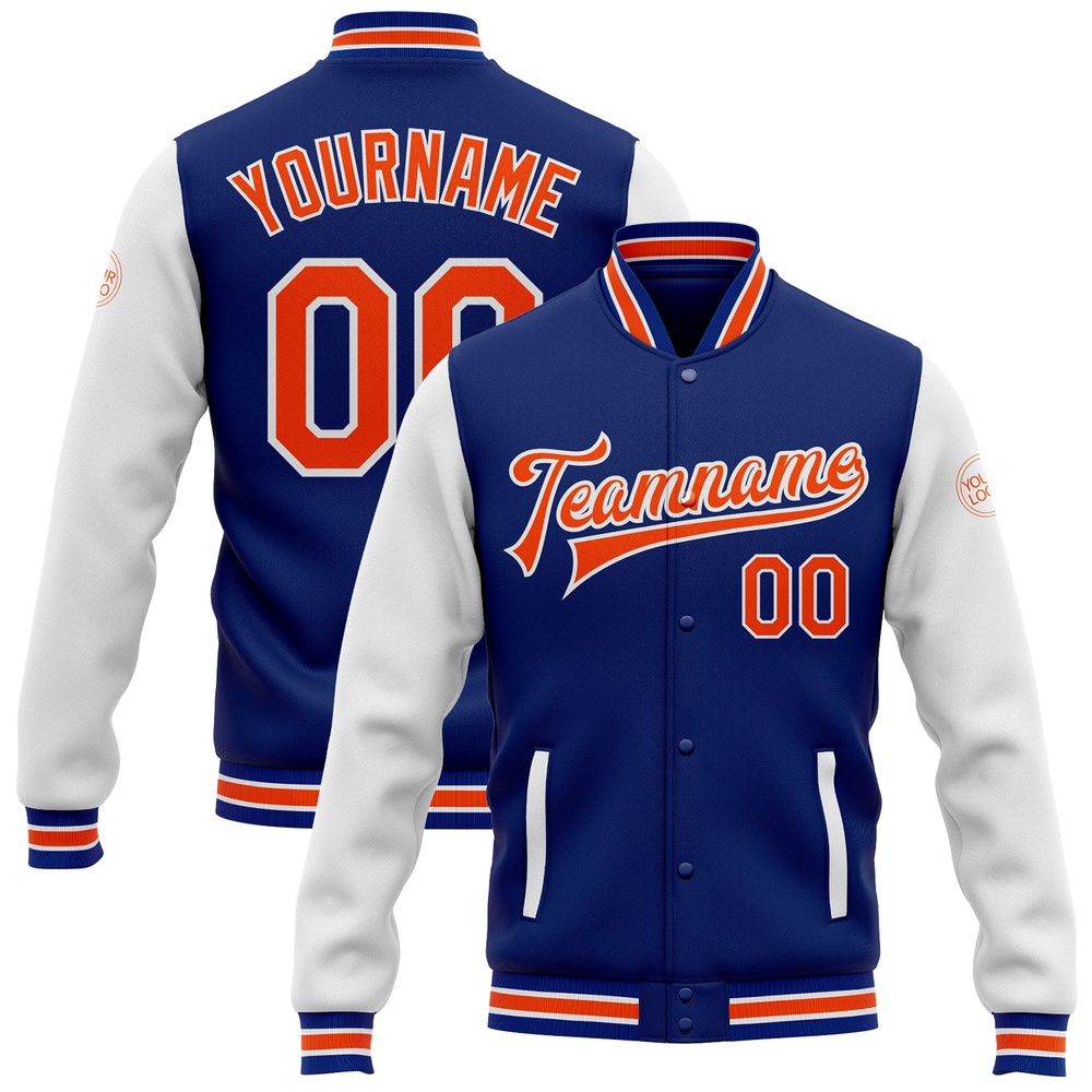 Custom Royal Orange White Bomber Full Snap Varsity Baseball Jacket, Custom Team Jacket Custom Royal Orange White Bomber Full Snap Varsity Baseball Jacket, Custom Team Jacket