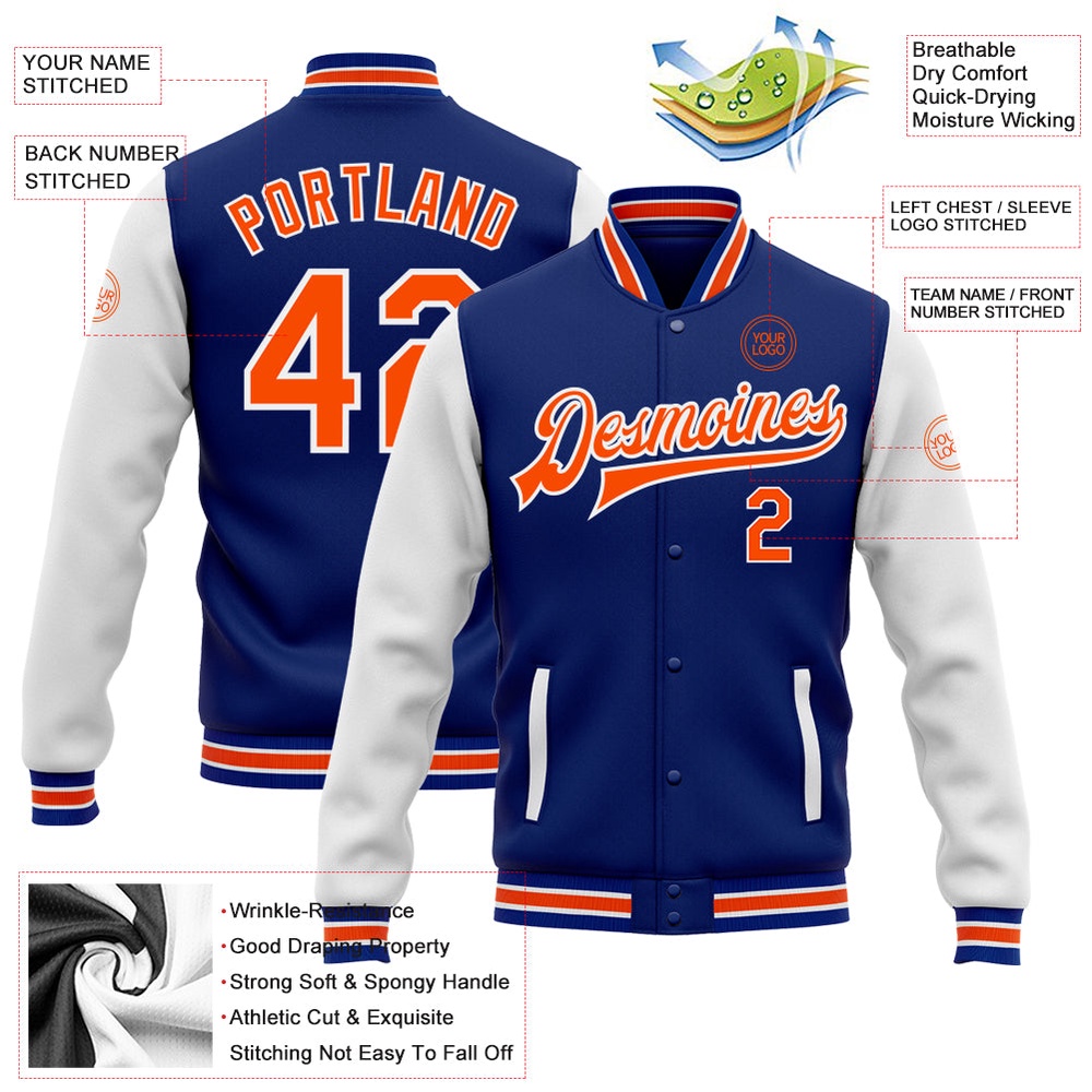 Custom Royal Orange White Bomber Full Snap Varsity Baseball Jacket, Custom Team Jacket Custom Royal Orange White Bomber Full Snap Varsity Baseball Jacket, Custom Team Jacket