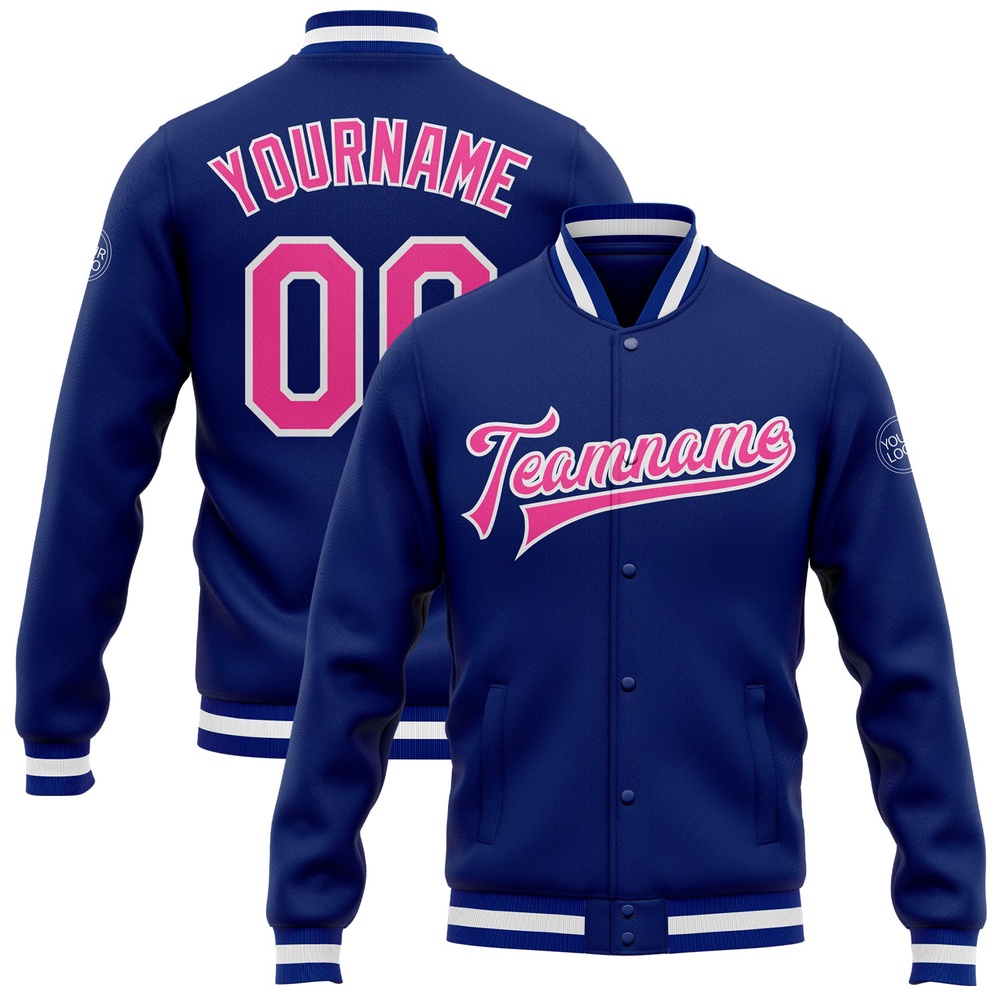 Custom Royal Pink White Bomber Full Snap Baseball Jacket, Custom Team Jacket