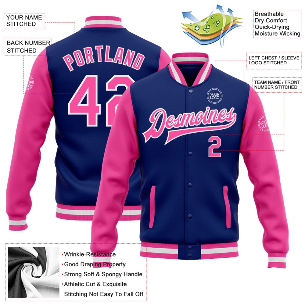 Custom Royal Pink White Bomber Full Snap Varsity Baseball Jacket, Custom Team Jacket Custom Royal Pink White Bomber Full Snap Varsity Baseball Jacket, Custom Team Jacket