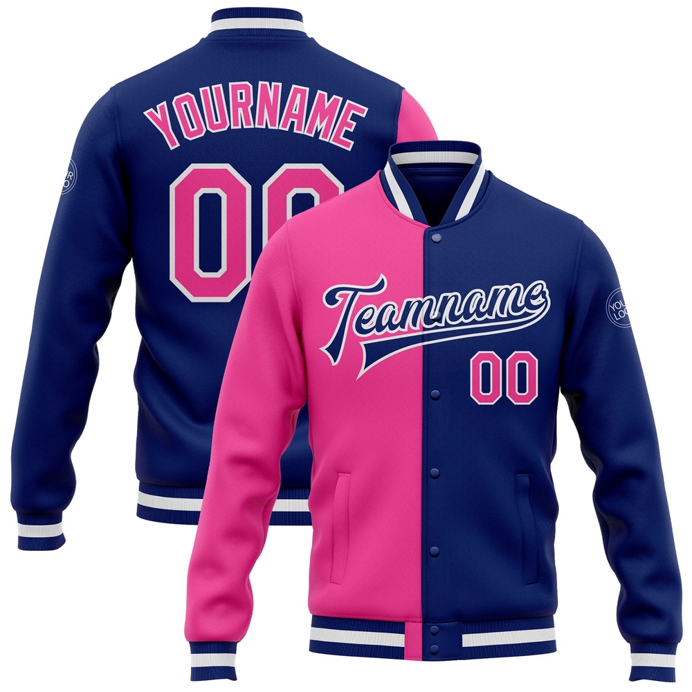 Custom Royal Pink White Bomber Full Snap Varsity Letterman Split Fashion Jacket, Custom Team Jacket