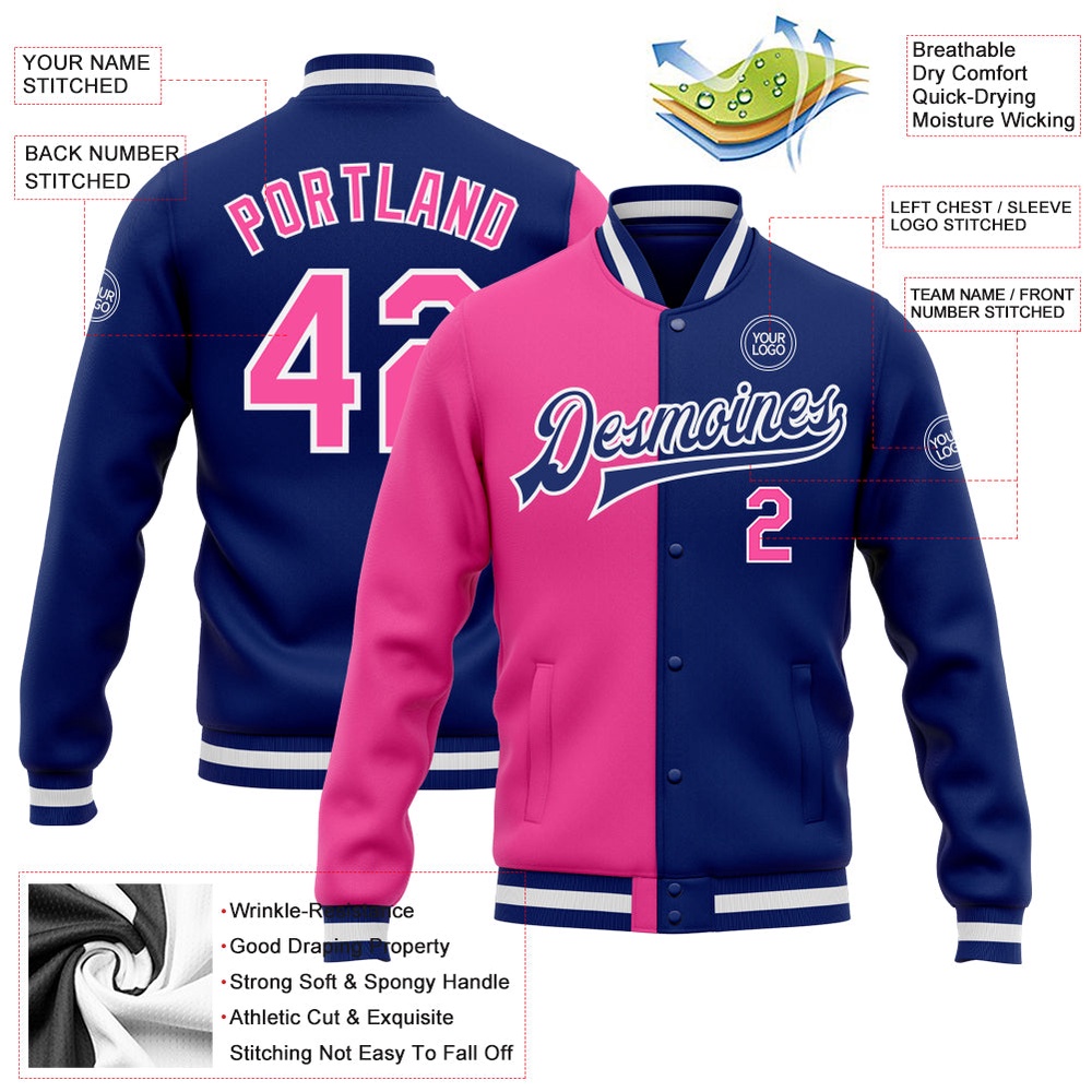 Custom Royal Pink White Bomber Full Snap Varsity Letterman Split Fashion Jacket, Custom Team Jacket