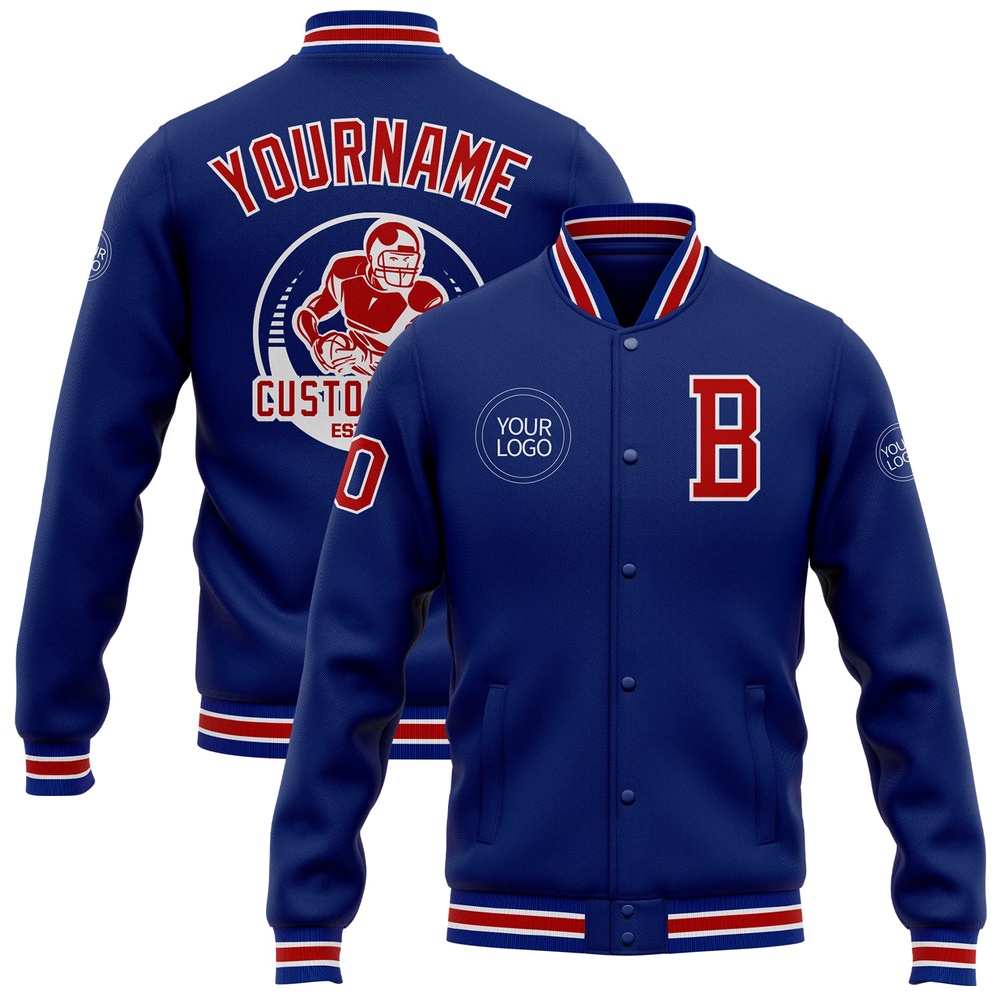 Custom Royal Red White Bomber Full Snap Baseball Jacket, Custom Team Jacket Custom Royal Red White Bomber Full Snap Baseball Jacket, Custom Team Jacket