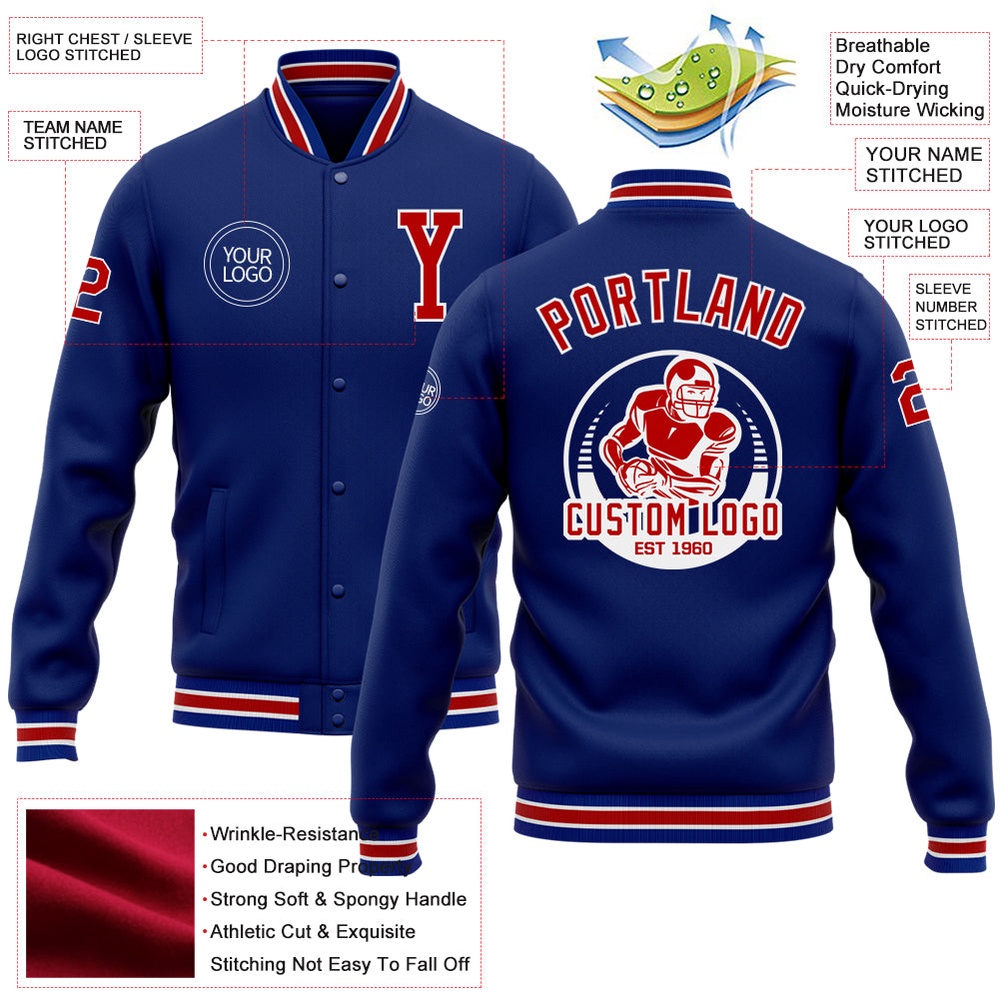 Custom Royal Red White Bomber Full Snap Baseball Jacket, Custom Team Jacket Custom Royal Red White Bomber Full Snap Baseball Jacket, Custom Team Jacket