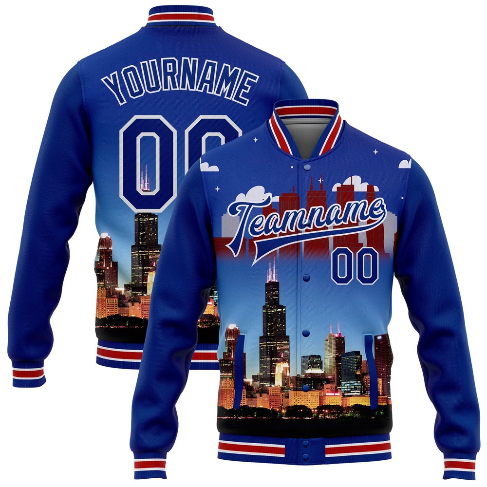 Custom Royal Red White Chicago Illinois City Edition 3D Bomber Full Snap Baseball Jacket, Custom Team Jacket
