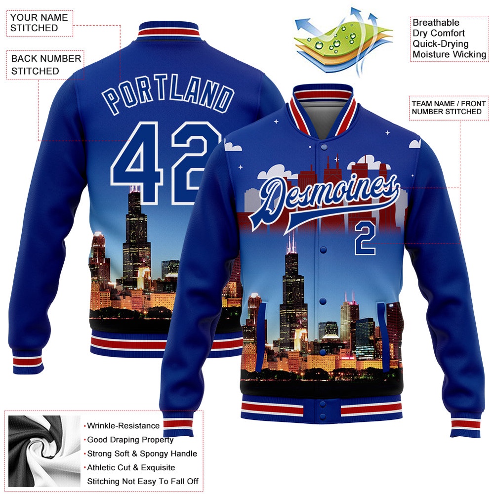 Custom Royal Red White Chicago Illinois City Edition 3D Bomber Full Snap Baseball Jacket, Custom Team Jacket