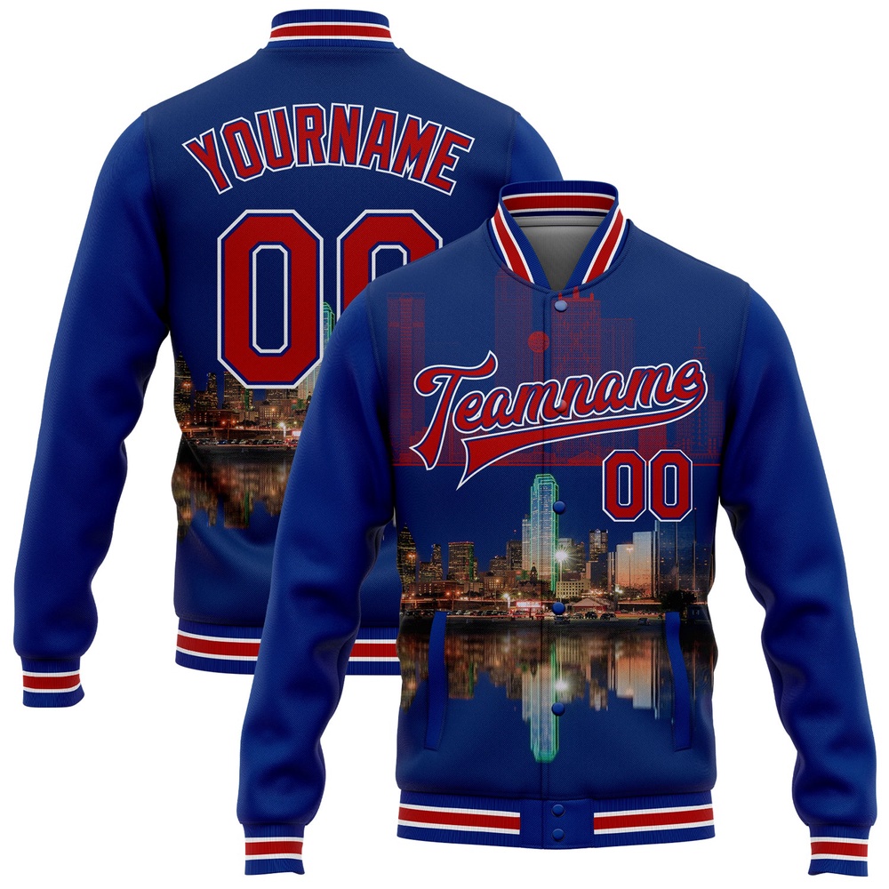 Custom Royal Red White Dallas Texas City Edition 3D Bomber Full Snap Baseball Jacket, Custom Team Jacket Custom Royal Red White Dallas Texas City Edition 3D Bomber Full Snap Baseball Jacket, Custom Team Jacket