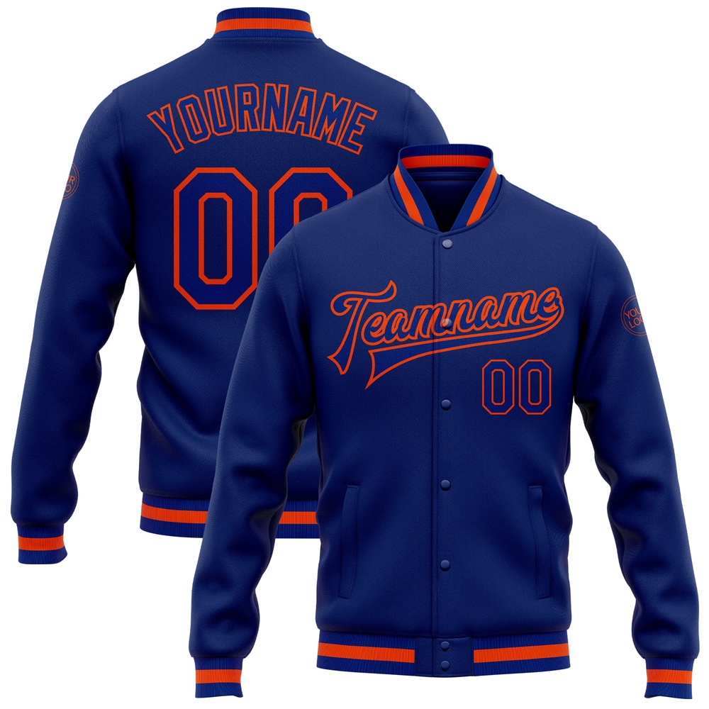 Custom Royal Royal Orange Bomber Full Snap Baseball Jacket, Custom Team Jacket