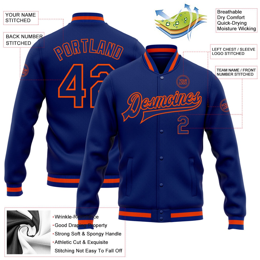 Custom Royal Royal Orange Bomber Full Snap Baseball Jacket, Custom Team Jacket