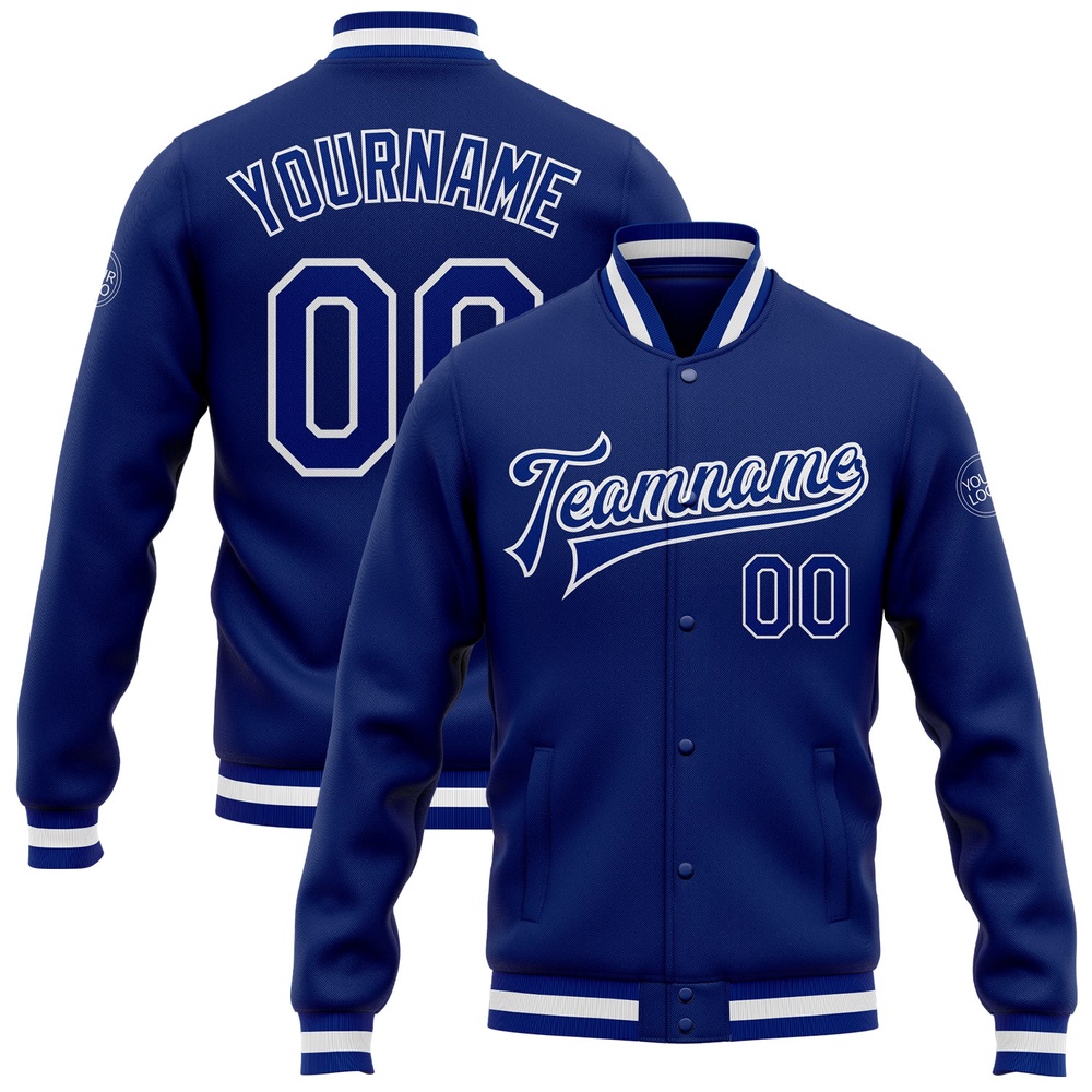 Custom Royal Royal White Bomber Full Snap Baseball Jacket, Custom Team Jacket Custom Royal Royal White Bomber Full Snap Baseball Jacket, Custom Team Jacket