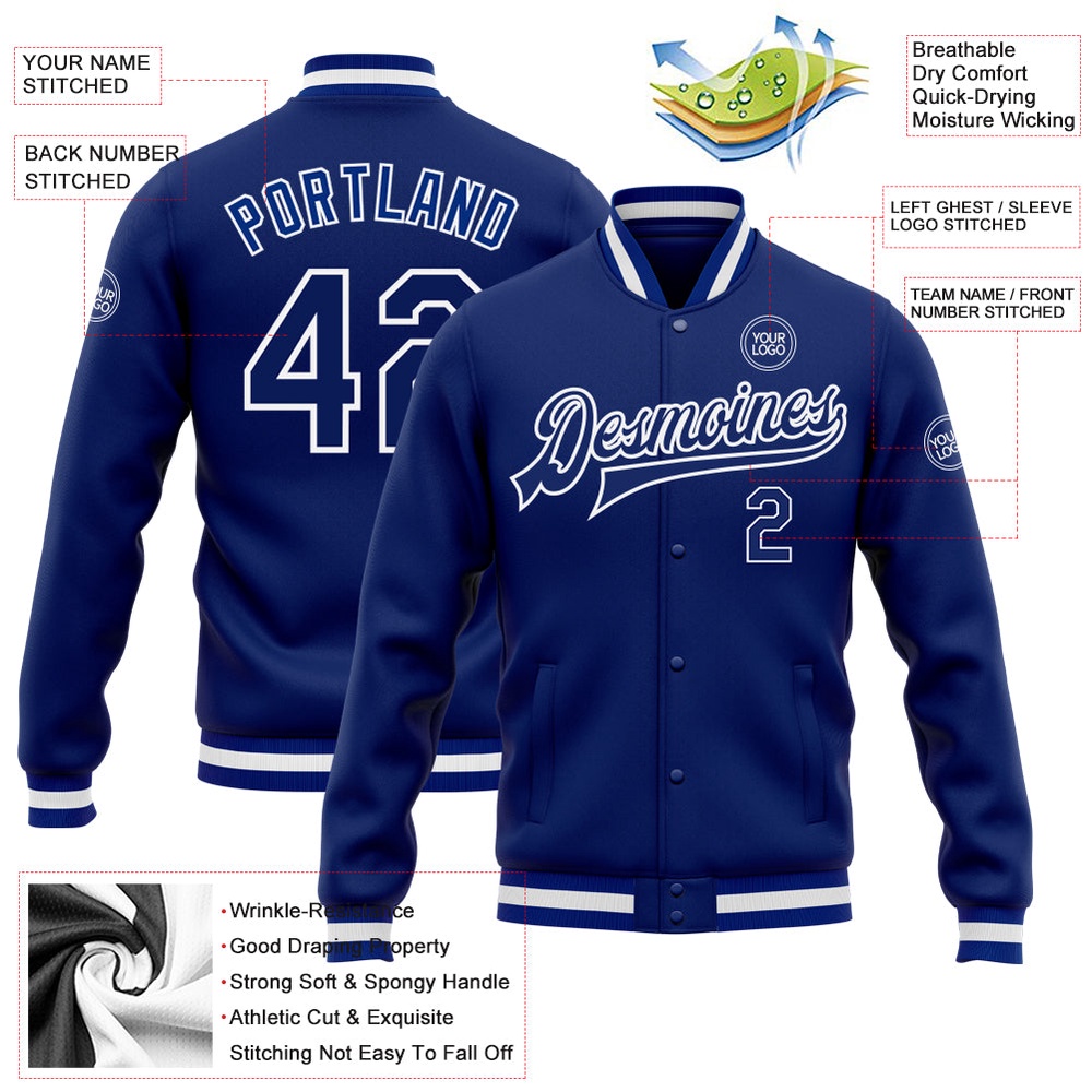 Custom Royal Royal White Bomber Full Snap Baseball Jacket, Custom Team Jacket Custom Royal Royal White Bomber Full Snap Baseball Jacket, Custom Team Jacket