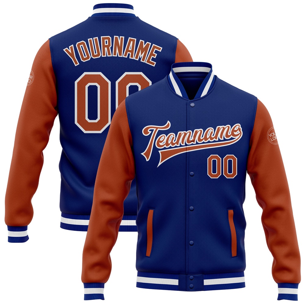 Custom Royal Texas Orange White Bomber Full Snap Varsity Baseball Jacket, Custom Team Jacket