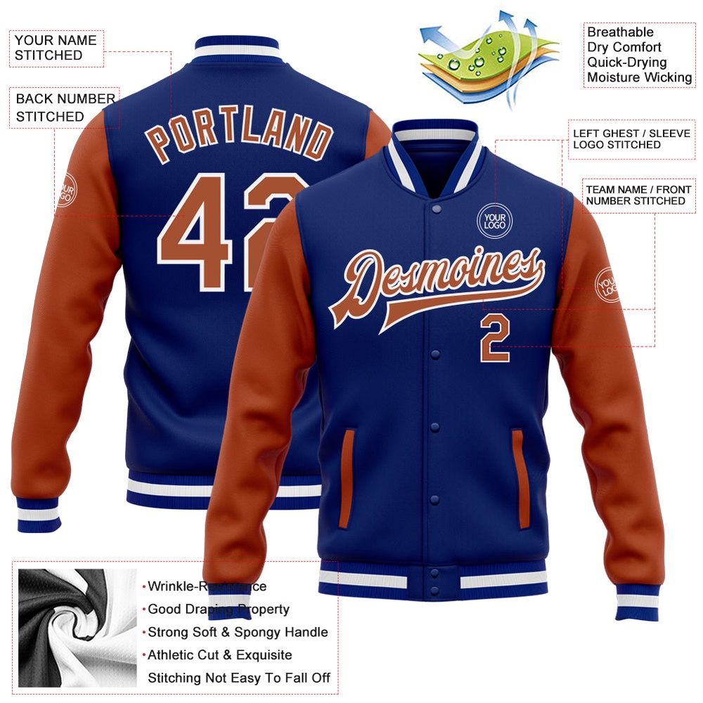 Custom Royal Texas Orange White Bomber Full Snap Varsity Baseball Jacket, Custom Team Jacket