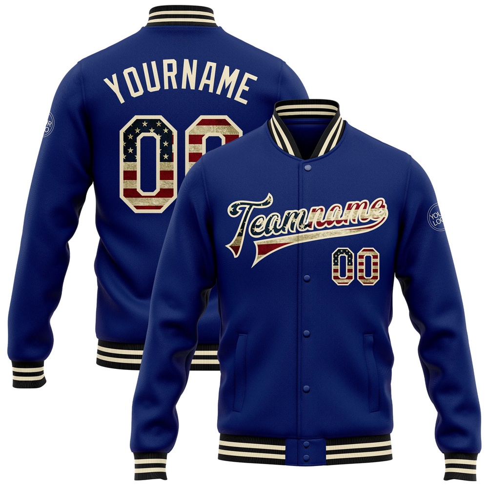 Custom Royal Vintage USA Flag Cream Black Bomber Full Snap Baseball Jacket, Custom Team Jacket