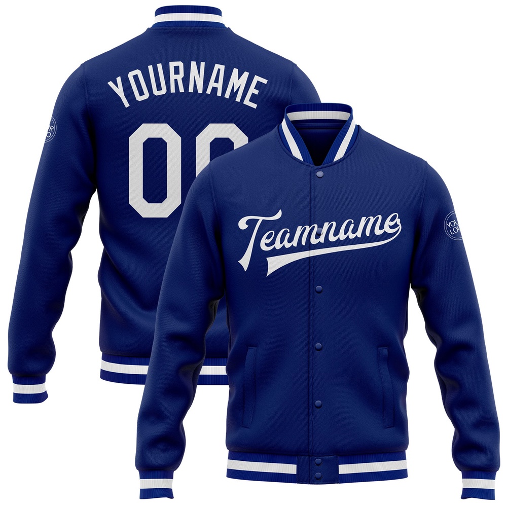 Custom Royal White Bomber Full Snap Baseball Jacket, Custom Team Jacket