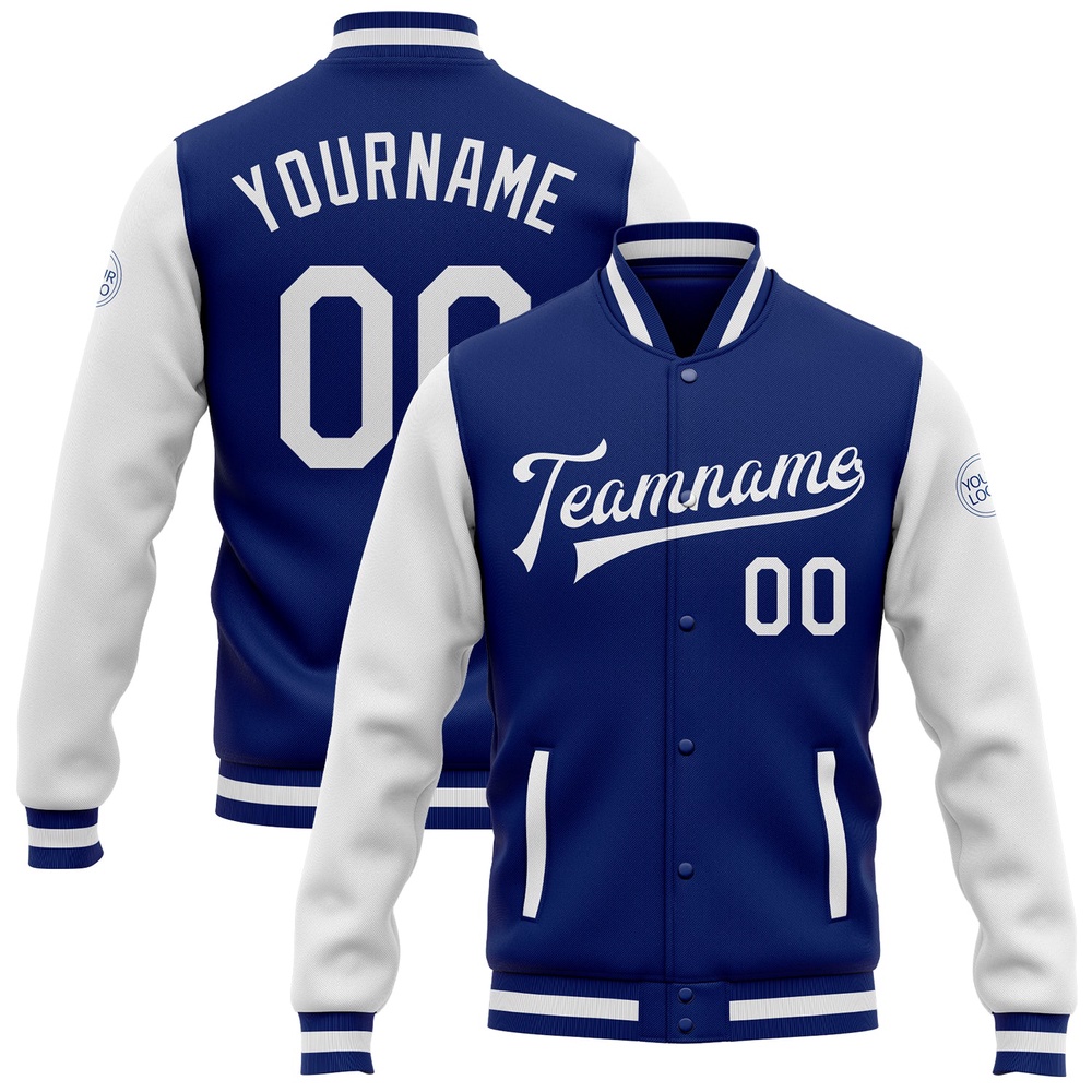 Custom Royal White Bomber Full Snap Varsity Baseball Jacket, Custom Team Jacket
