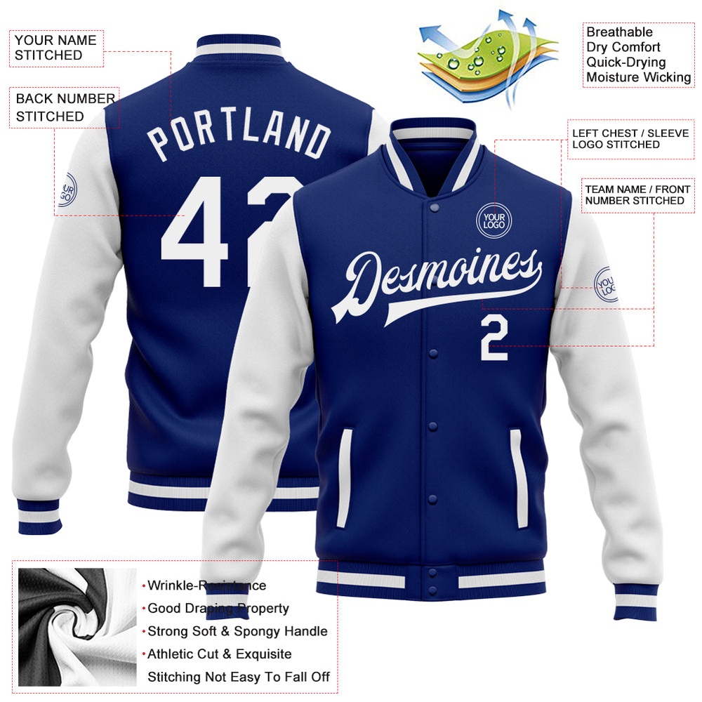 Custom Royal White Bomber Full Snap Varsity Baseball Jacket, Custom Team Jacket