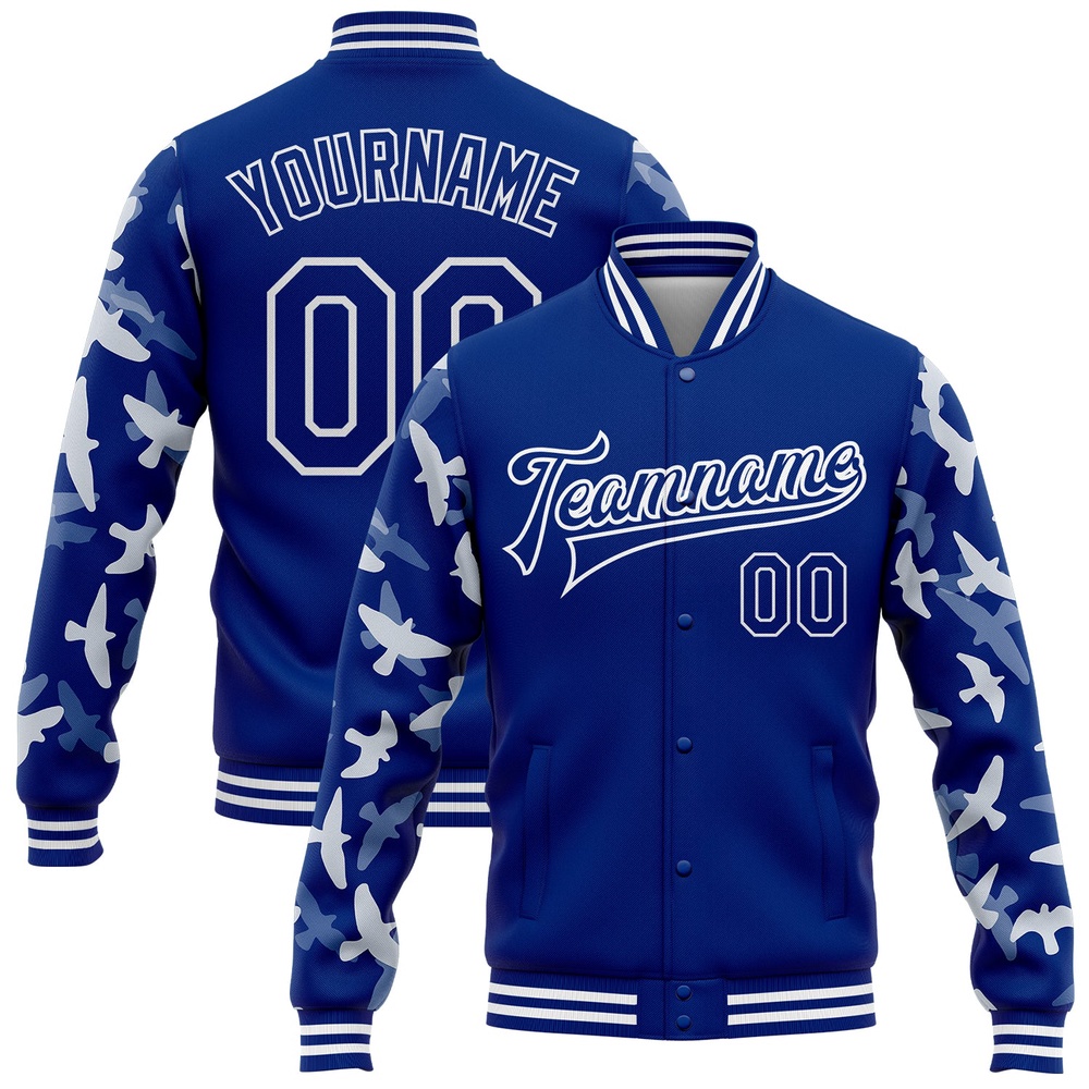 Custom Royal White Flying Bird Sleeves 3D Pattern Design Bomber Full Snap Baseball Jacket, Custom Team Jacket Custom Royal White Flying Bird Sleeves 3D Pattern Design Bomber Full Snap Baseball Jacket, Custom Team Jacket