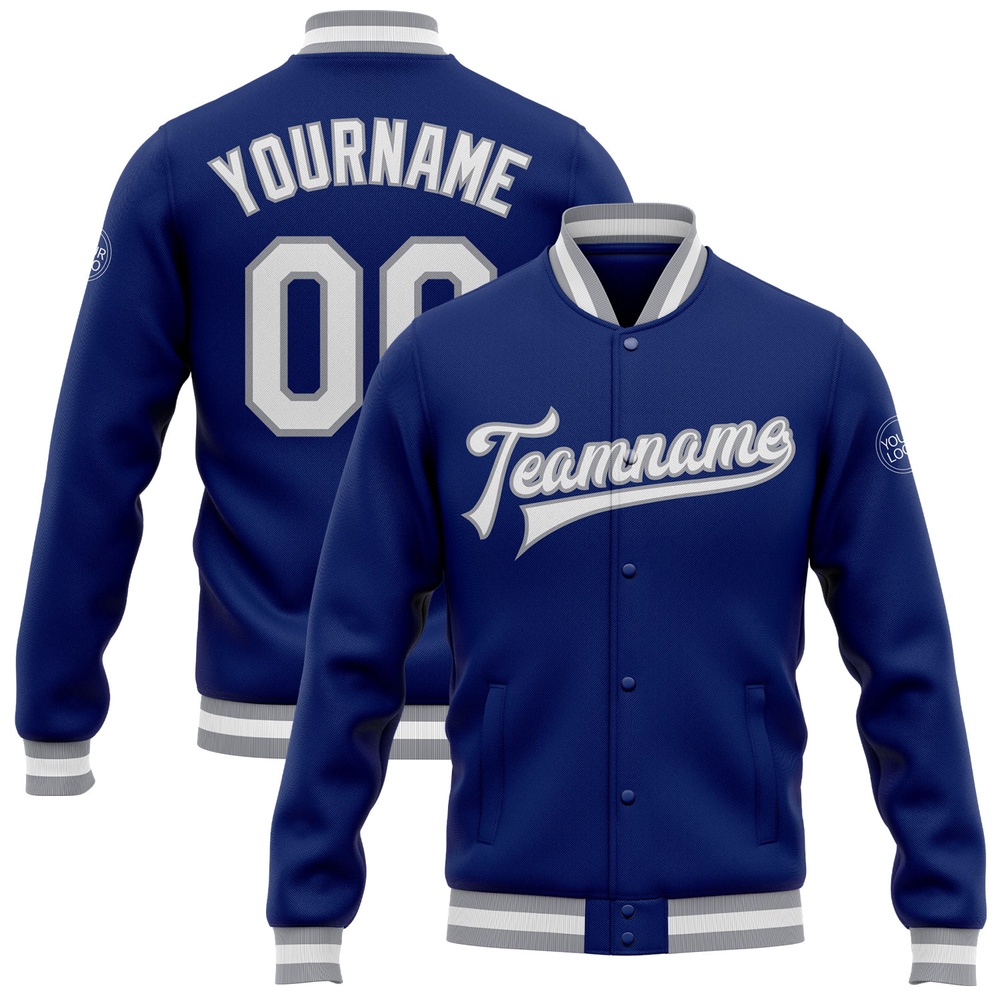 Custom Royal White Gray Bomber Full Snap Baseball Jacket, Custom Team Jacket