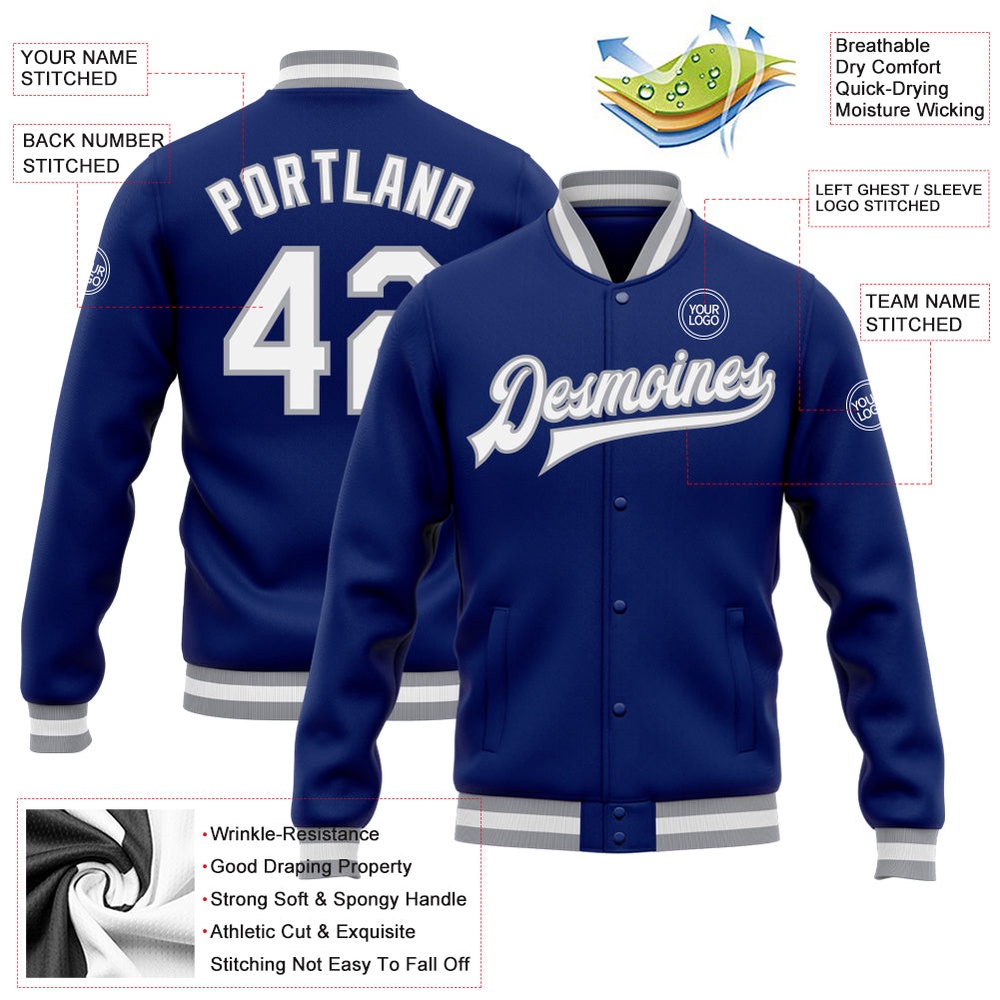 Custom Royal White Gray Bomber Full Snap Baseball Jacket, Custom Team Jacket