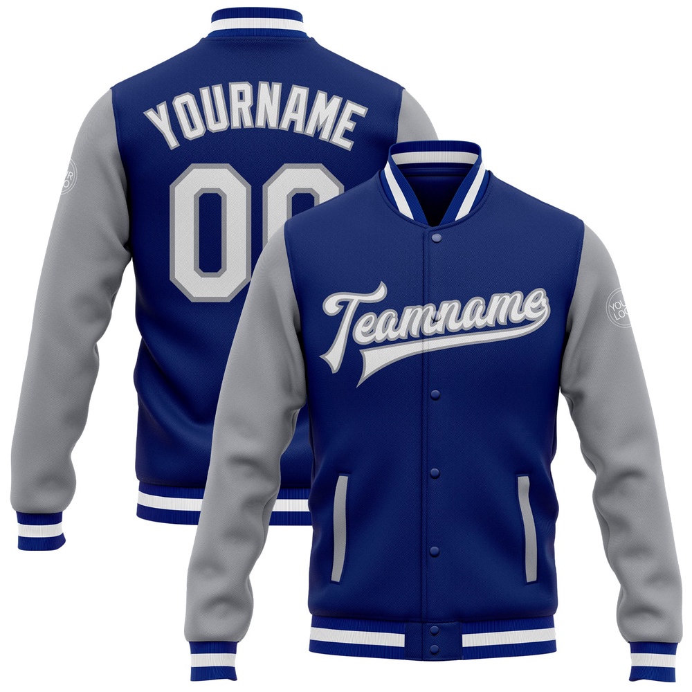 Custom Royal White Gray Bomber Full Snap Varsity Baseball Jacket, Custom Team Jacket