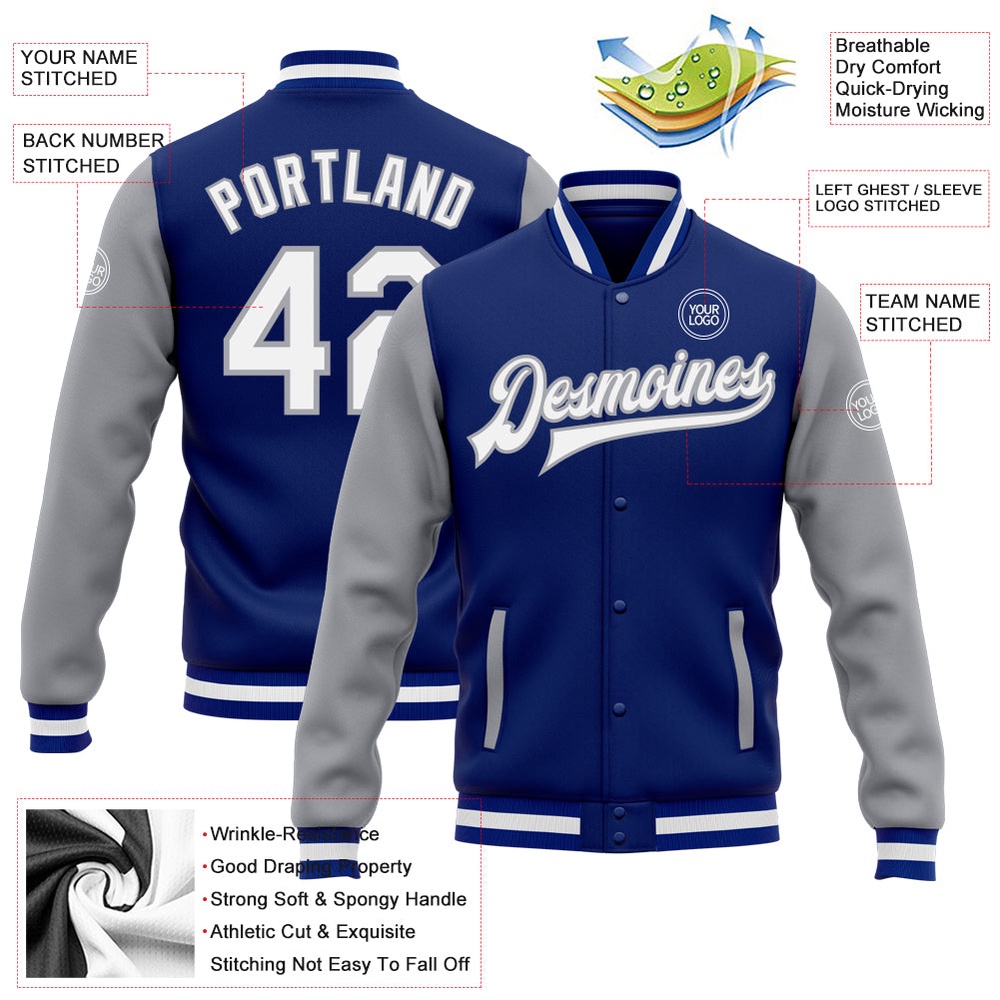 Custom Royal White Gray Bomber Full Snap Varsity Baseball Jacket, Custom Team Jacket