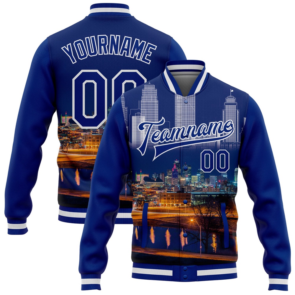 Custom Royal White Kansas City Missouri City Edition 3D Bomber Full Snap Baseball Jacket, Custom Team Jacket
