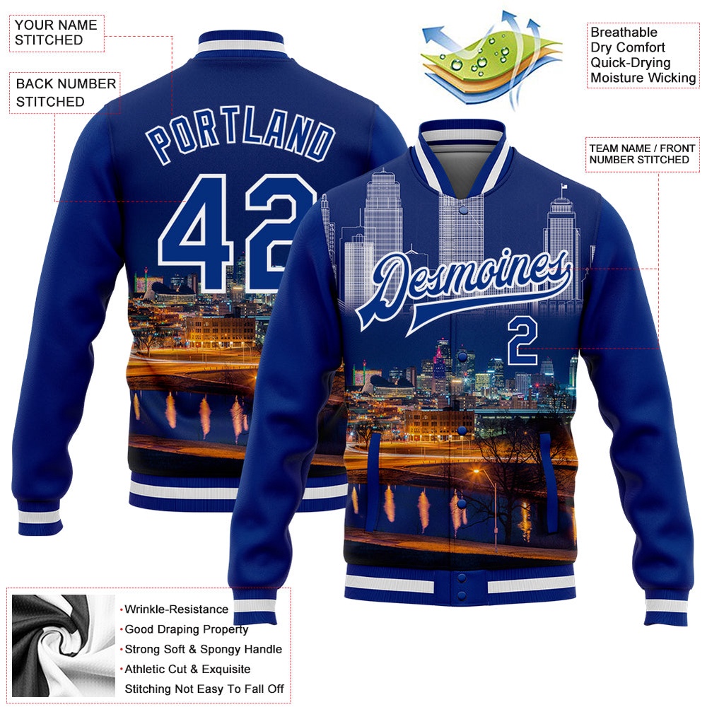 Custom Royal White Kansas City Missouri City Edition 3D Bomber Full Snap Baseball Jacket, Custom Team Jacket
